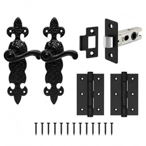 Fleur De LYS Lever Latch Pack - Black Antique Complete Set with Door Handles, 65mm Tubular Latch, 75mm Hinges for Internal Wooden Doors