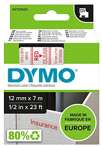DYMO Original D1-Etikettenband | rot auf transparent | 12 mm x 7 m | selbstklebendes Schriftband | für LabelManager-Beschriftungsgerät