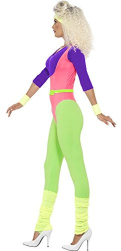 Amakando 80er Aerobic-Sport Damenkostüm, M 40/42, neon-farbend, 80s Neon Jumpsuit bestehend aus Overall, Stirnband und Armstulpen