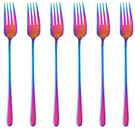 BISDARUN Stainless Steel Dinner Forks Pack of 6 Rainbow Colored Forks Long Handle 21.3 cm(8.4 inches) Korean Cutlery Iridescent Forks Set for Steak Meat