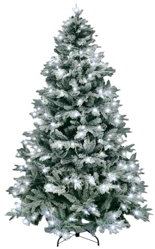 5ft/1.5m Pre-Lit Artificial Christmas Tree Lapland Fir - 180 LED Cool White Lights, Snow Flocked 567 PE/PVC Tips, Snowy Bushy Hinged Branches, Metal Stand for Xmas Home Decorations