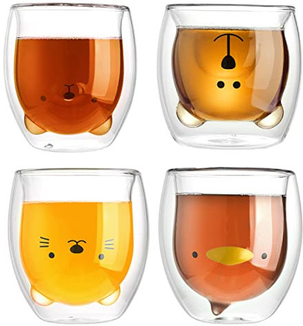 QYLJZB Lot de 4 Tasses à Café en Verre à Double Paroi - Motif Animal de Dessin Animé Mignon - Expresso, Thé, Lait - Cadeau d'Anniversaire