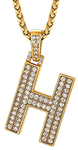 U7 Herren Halskette mit Buchstaben H Anhänger Ketten Buchstabenanhänger Halsschmuck Gold Iced Out Pendant Zirkonia Letter Kettenanhänger Rock Collier Initiale Anfangsbuchstaben Modeschmuck für Oma