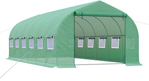 Outsunny Invernadero de Exterior Invernadero de Túnel 6x3x2 m Invernadero de Jardín Grande con 12 Ventanas y Puerta Enrollable con Cremallera Macro de Metal para Cultivo Plantas Verde