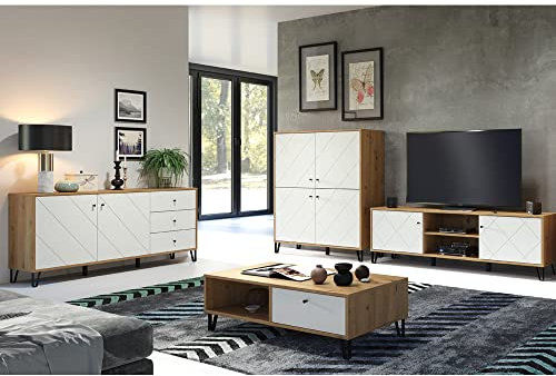 Lomadox Wohnwand modernes Design in Artisan Eiche Nb. mit weiß matt, B/H/T: ca. 321/136/40 cm