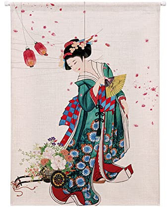 Oduo Noren Rideau de Porte Japonais Long Coton et Lin, Rideau Demi-Porte Imprimé de Ukiyoe Style Japonais, Tapisserie Rideau de Séparation de Cuisine de Restaurant (Geisha Japonaise,85x90cm)