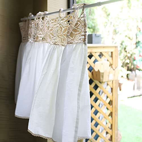 A.Monamour Gardine Scheibengardinen Kurzstores Blickdicht Weißer Baumwoll Stoff und Gehäkelte Beige Blumen Spitze Boho Chic Bistrogardine Kurzgardinen Küchenvorhang Küche Fenster Kurz Vorhang Stores