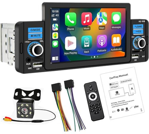 1 Din CarPlayer Android Auto Stereo Media Receiver 5 Touch Screen Autoradio con supporto Bluetooth Chiamate in vivavoce FM SWC USB AUX Mirror Link + 8 LED Fotocamera di backup