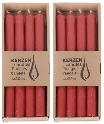 DecoLite Stabkerzen Rustik 25 cm, 10h Brenndauer, 8 Stück, Rot (Rubin) | Made in Germany, RAL-geprüft, ruß- & tropffrei, durchgefärbte Vintage Haushaltskerzen im Landhausstil, ohne Duft