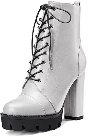 Castamere Donna Alto High Tacco Heel Piattaforma Chunky Blocco Rotonda Punta Stivaletti Lacci Cerniera Stivali Argento 45 EU