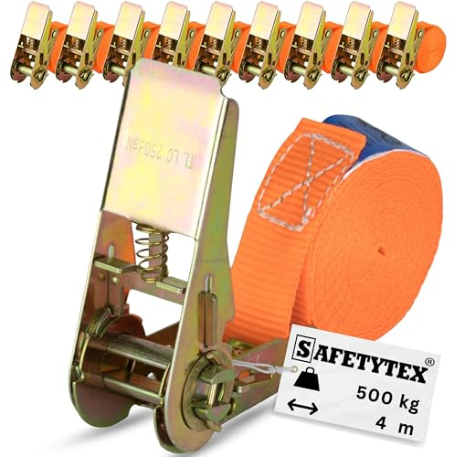 Safetytex Spanngurt Ratsche 500 daN 25 mm 4-6 m Haken orange (10 Stück 4m) | Einteilig, 500 kg Belastbarkeit, Zurrgurt, Ratschengurt, Länge wählbar, sichere Befestigung, strapazierfähig