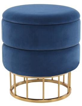 Qiyano Edina Hocker mit Stauraum Blau, Modern, Runder Polsterhocker mit Elegantem Metallgestell, Vielseitig Nutzbar, Komfortabel & Platzsparend