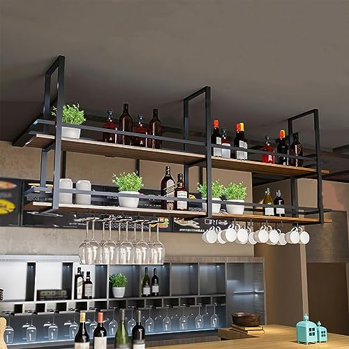 KEPMOGOH Deckenregal Weinregal mit Glashalter, Schwebendes Hängeregal 2-Lagiger Industrieller Hängender Weinflaschenhalter, Schwarzes Metall-Deckenregal für Bar-Café-Küche (Schwarz, 100×30×80cm)