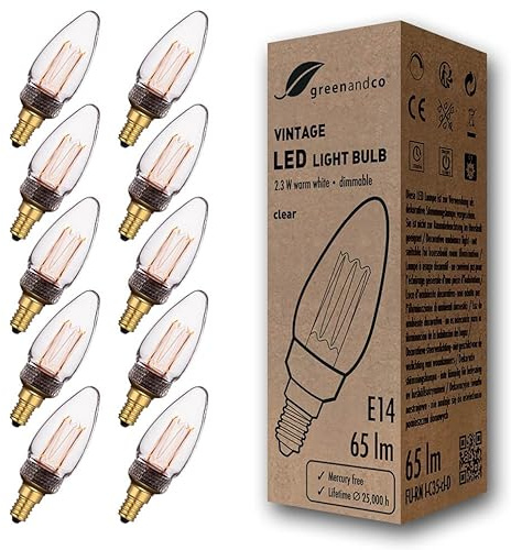 greenandco 10x Decorative Dimmable LED Vintage Light Bulb | E14 C35 | Clear | 2.3W 65lm | 1800K Extra Warm White | 320° | 230V | Flicker Free