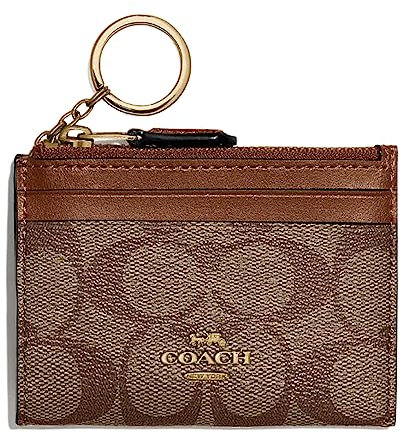 COACH Women's Mini Skinny ID Case (Signature Canvas, Khaki - Saddle 2)
