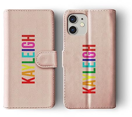 Tirita Personalised Flip Wallet Phone Case Compatible with iPhone 7 & 8, Summer Time [11- Rainbow Name on Pink]