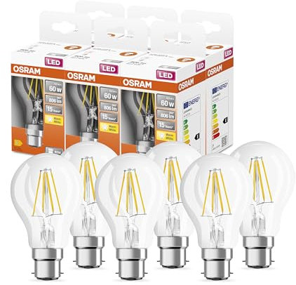OSRAM LED STAR Classic A60 LECH para base B22D, forma de pera, FIL, 806 Lumen, Warm White (2700k), reemplazo de bombillas convencionales de 60 W, no Dimmable, 6 paquetes