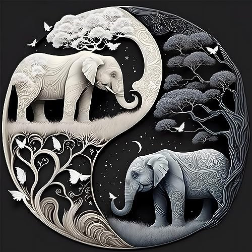 MOGTAA Éléphant Peinture Diamant Adulte, 5D Yin Yang Éléphants Diamond Painting Complet Diamant Kit Enfants, Diamant Painting Animaux Strass Point de Croix Cristal pour Murale Décor 30x40cm