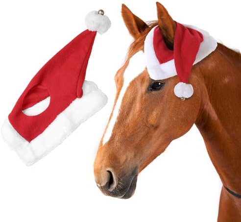 NRTFE Weihnachtsmütze für Pferd, Reiten, Weihnachten, Urlaub, Fleece-Kappe mit Glöckchen, Haustier-Kostüme, Weihnachten, Einohr, Schlupfschuh