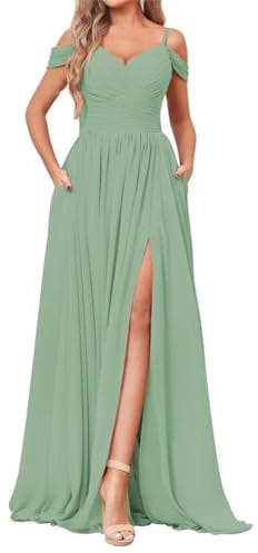 SAYNO Off Shoulder Brautjungfernkleid für Hochzeit Chiffon V-Ausschnitt Ballkleid Partykleid mit Taschen, Salbei Grün, 42