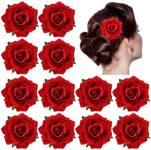 Dizila 12 Stück Flamenco-Tänzerin mexikanische rote Rose Blume Broschen Pins Alligator Haarspangen Abschlussball Party Hochzeit Braut Haarschmuck Kopfschmuck für Frauen Mädchen