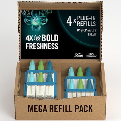 Febreze Unstoppables 3Volution Air Freshener Plug In Refills, 4 Refills (20MLx4), Fresh, 3 Alternating Scents To Fight Odours, Febreze Plug In Refill, Air Freshener