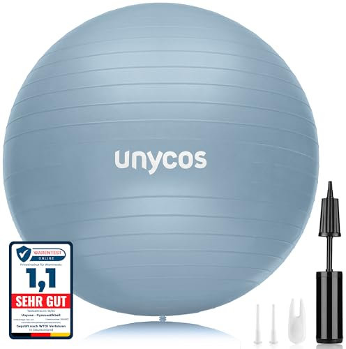 unycos - Gymnastikball 55 cm Sitzball Trainingsball für Yoga, Fitness, Medizinball, Balance Ball, Core Training Strength, Pilates-Ball | Inkl. Pumpe, BPA-Frei, Anti-Burst (Hellblau mit Logo)