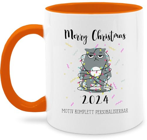 Tasse Tassen 325ml - Weihnachten Weihnachtstasse - Merry Christmas 2024 - Grumpy Katze Wunschtext - 325 ml - Orange - weihnachtliches weihnachtsmotiv weihnachtstassen personalisierte