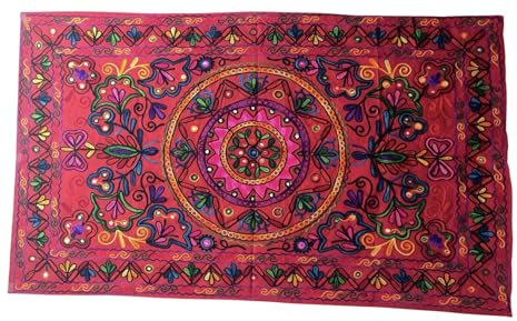 Original Kikan Rechteckiger Suzani-Kunstteppich mit Blumenmuster und Pailletten, indischer Wandbehang, bestickter Läufer aus Baumwolle im Ethno-Boho-Stil (rot)