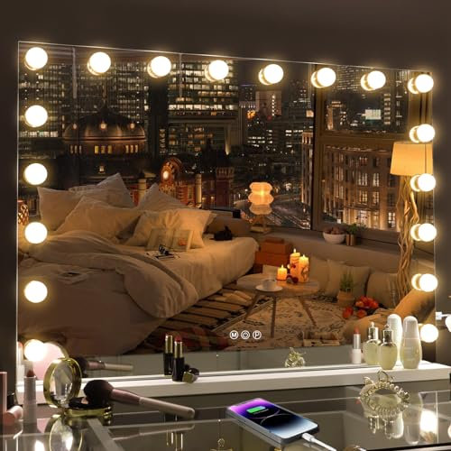 Fenair Hollywood Vanity Mirror with Lights, 80×60 cm Large Makeup Mirror with 18 Dimmable Bulbs, 3 Color Light, USB Port, Vakeup Mirror for Tabletop or Wall Mounted,White