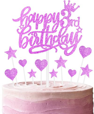 11pcs Happy 3rd Birthday Cake Toppers, Hot Pink Cake Cupcake Toppers for Cake, Glitter Heart Stars Cake Toppers, Birthday Gift, Personalised Cake Topper for Girls Babies 3rd Birthday Cake Decorations