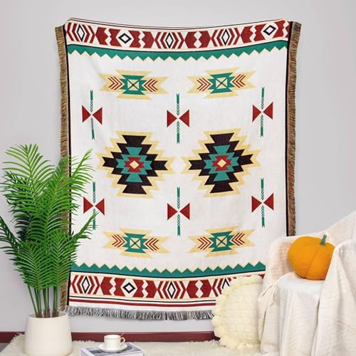AMDXD Sofa Überzug, Bohemian Stil Muster mit Quaste Sesselbezug 4 Sitzer, Wohnzimmer Sessel Haustiere Sofaüberwurf Hund in Baumwolle Leinen für Hunde Haustierfreundliche - 180x340CM, Weiß Bunt