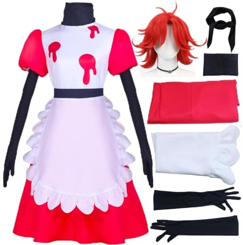 HSJZBQSM Hazbin Hotel Cosplay Niffty Kostüm mit Perücke, rosa Kleid mit weißer Schürze, Halloween-Dienstmädchen-Anzug (Niffty+Perücke, S)
