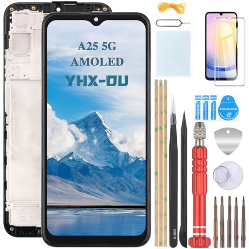 YHX-OU 6.5 Noir Kit AMOLED Écran LCD avec Châssis pour Samsung Galaxy A25 5G SM-A256B SM-A256E SM-A256U Écran Complet Tactile LCD Display de Rechange avec Film de Protection D'écran et Outils