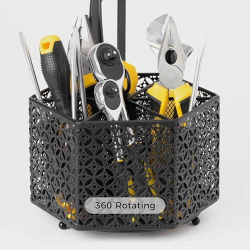 KAFAHOM 360° Rotating Tool Organizer，Small Repair Tool Storage Rack for Desktop Workbench,Hand Tool Stand Holder,Tool Caddy for Wrenches, Pliers, Tweezers, Scissors, Calipers, etc, Black-Hexagon