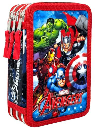 Clondo Dreifach Gefüllt Federmäppchen für Kinder, für Avengers Fans, Jungen, 44 Schulutensilien, 3 Reißverschlüsse, Buntstifte, Filzstifte