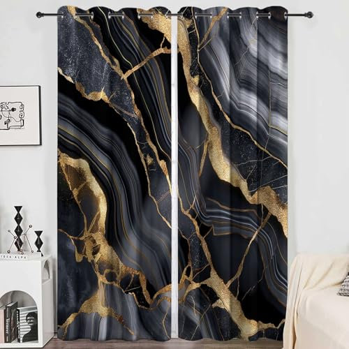 Vorhang Blickdicht Thermovorhang Goldene Textur Schwarzer Marmor Muster Gardinen Wohnzimmer Vorhänge Kinderzimmer Geräuschreduzierung Dekoration für Schlafzimmer Wohnzimmer Küche Fenster 230 x 117 cm
