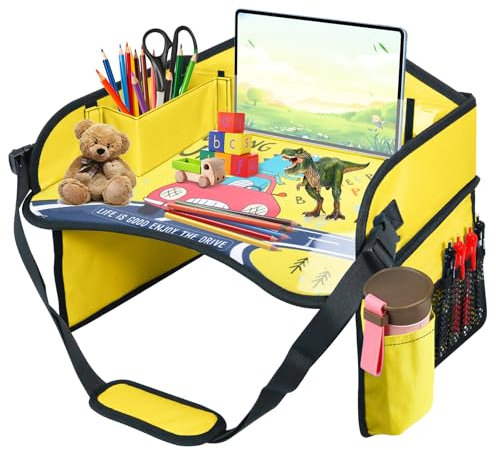HNCY Vassoio da Viaggio, Tavolino Bambini da Seggiolino Auto con Lavagna da Disegno, Organizzatore per Seggiolino Auto con Scomparti Multiuso, Kids Travel Tray Facile da Pulire (Auto)