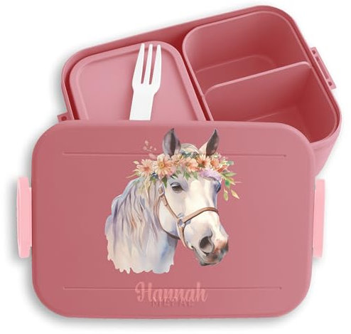 Kinder Bento Box Midi Mepal Bentobox - Pferd - Süße Pferde Brotdose für Mädchen | Auslaufsicher Ideal für Schule und Kindergarten | Mädchen Lunchbox mit Trennfach - 900 ml - Rosa
