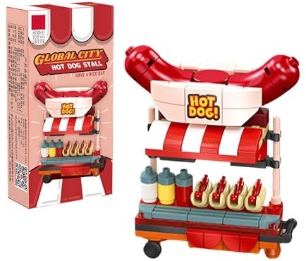 Mini Stadt Stall Straßenansicht Bausteine Modell Set, Hot Dog Stall Klemmbausteine Bausatz, Imbissstube Simulation Architektur Sammlung BAU Modell Spielzeug (103 Teile)