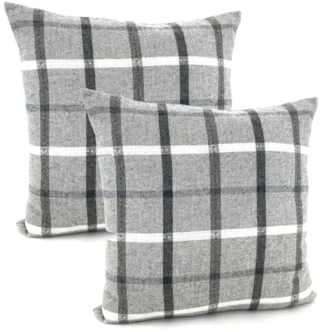 heimtexland ® 2er Set Dekokissen mit Woll-Charakter Tartan kariert Kissen Schotten-Karo Deko Kissenhülle 45x45 cm Doppelpack Typ899 grau-weiß