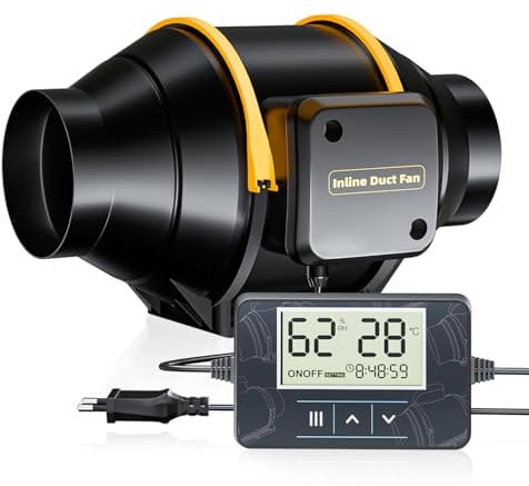 QiCrafe 100mm Extracteur d'air, Cuivre Pur Moteur Silencieux Double Roulement à Billes,360m³/h Ventilation avec Capteur de Température et d'Humidité et Minuterie,pour Tente de Culture, Hydroponique