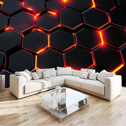 Wall Mural Geometric Hexagon Background Print Photo Wallpaper Mural, Non-Woven Wall Mural Decoration Poster Picture Design Modern 78.74 x 55.12 (W x H), Mural for Living Room Bedroom Black Red