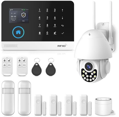 PGST WiFi Alarmas para Casa,4G Kit de Sistema de Alarma, Kit de Alarma con Sensor Puertas,PIR,Control Remotos, Sirena,Cámara de Seguridad,Ampliable según Sea Necesario - Funciona con Tuya/Smart Life