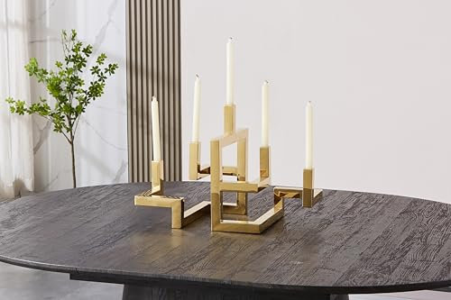 HOOZ Moderner Kerzenständer für 5 Stabkerzen aus Metall | Design Kerzenhalter in Gold | Hochwertiger Deko-Kerzenleuchter für Wohnzimmer, Esstisch & Festliche Anlässe