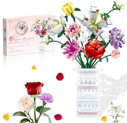 Turiueba Bouquet de Fleurs Bloc de Construction Fleur Construction Build it Fleurs Flower Market Construire Rose 730PCS avec Vase, Cadeau pour Adultes et Enfants de 6+ Anniversaires, Fête des Mères
