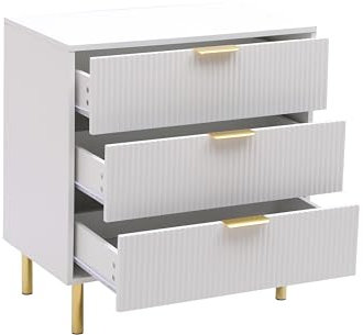 MMT Chest of Drawers, White or Black Gloss, Fluted Storage Drawers with Gold Handles & Legs, 3 or 5 Drawer Options, Elegant Chest of Drawers Bedroom Furniture for Stylish Organization (3 Drawer)