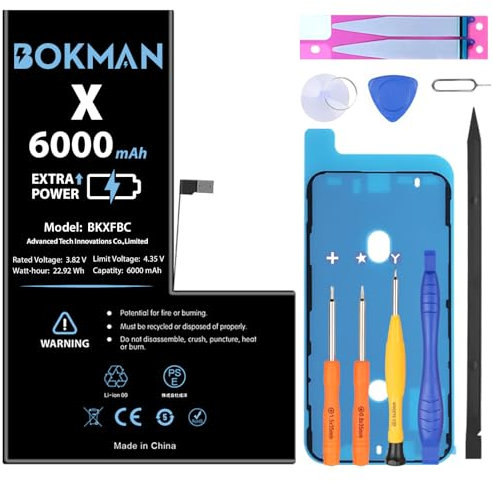 bokman Batteria per iPhone X, alta capacità 6000mAh con tutti i kit di strumenti e nastri adesivi