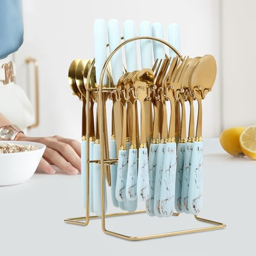 24pcs Mixed Cutlery Set Stainless Steel Ceramic Handle Tableware Dinnerware Set with Storage Stand-Knives/Spoons/Forks/Teaspoons for Family, Restaurants, Restaurants, Parties (Blue+Gold)