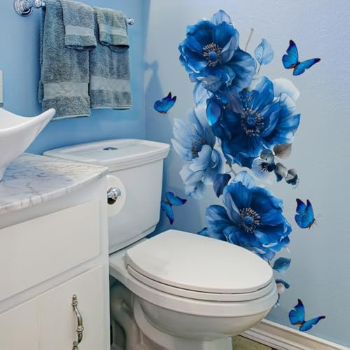 Fufuquare Adesivi da Parete con Farfalle e Fiori Blu Adesivi Murali Botanici in Vinile con Fiori Romantici per il Bagno la Stanza da Letto e il Salotto